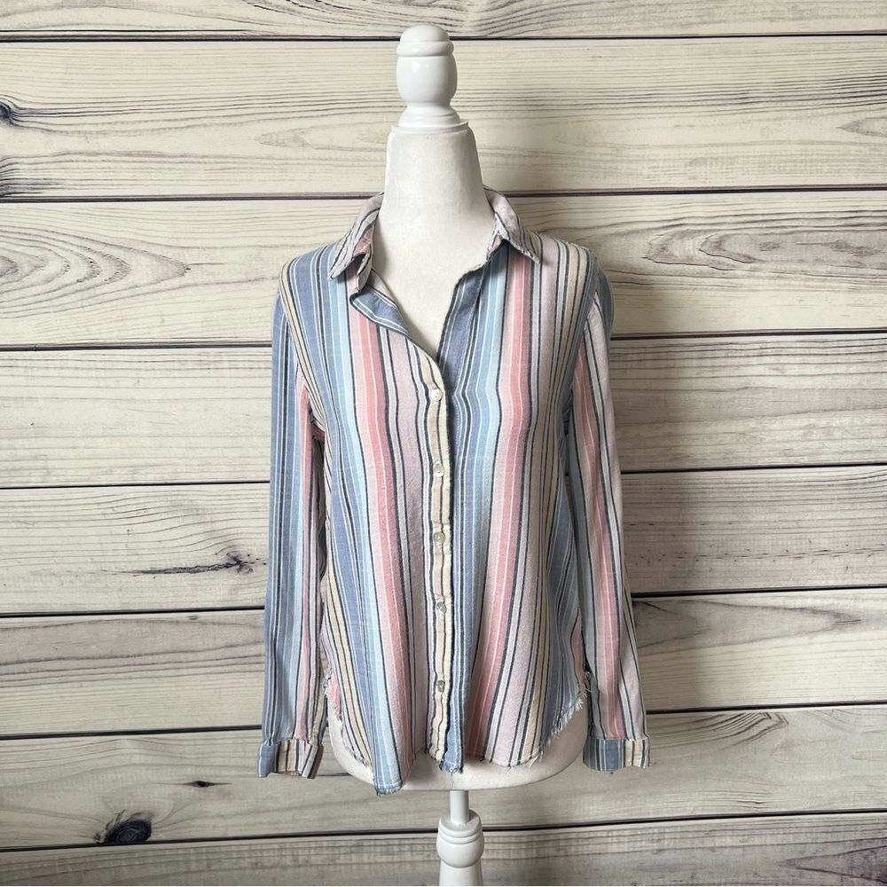 Cloth & Stone Multicolor Striped Raw Hem Button Down Shirt